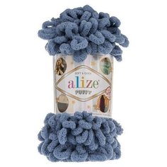 Пряжа плюшевая Alize Puffy (Ализе Пуффи) - 1 моток 374 голубой для вязания руками, гипоаллергенная, большие петли (4см), 9м/100г
