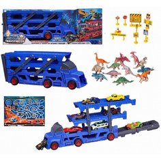 Машинка Junfa Автовоз-катапульта голубой с 8 машинками и 12 фигурками динозавров WT-10566/голубой