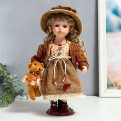 Кукла коллекционная керамика "Глория в кантри платье и шляпе, с мишкой" 30 см Россия