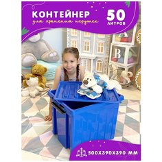 Контейнер для игрушек, корзина пластиковая большая для игрушек с крышкой на защелке, 50 л, цвет синий Kidyhap