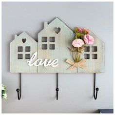 Крючки декоративные дерево "Дом с букетом цветов" 25х29,5х4,5 см Noname