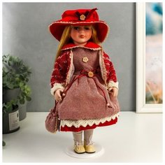 --- Кукла коллекционная керамика "Машенька в коралловом платье и бордовом жакете" 40 см