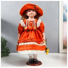 Кукла коллекционная керамика "Вера в ярко-оранжевом платье и шляпе с розами" 40 см Нет бренда