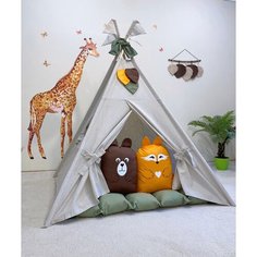 Льняной вигвам для детей с мягким ковриком бомбон и подушками игрушками. Основание 120*120 см (детская палатка) Vigvam Number ONE