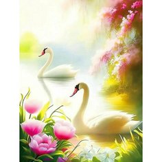 Алмазная мозаика на подрамнике 40*50 "Пара лебедей в озере с цветами" Нет бренда