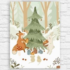 Картина по номерам на холсте новый год рождество (зима, лес, лиса, кролик, зайка, елка) - 12903 40х30 Бруталити