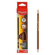 Карандаш чернографитный Maped Black Peps 2В, деревянный, с ластиком, ударопрочный грифель