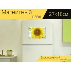 Магнитный пазл "Подсолнухи, желтый, пчелы" на холодильник 27 x 18 см. Lots Prints