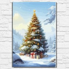 Картина по номерам на холсте новый год деревянный зеленый дракон (снег, зима, елка, подарки) - 12806 40х60 Бруталити