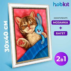 Алмазная мозаика полная выкладка HOBKIT "Котенок и зайчик 30х40+Багет белый " 40х30 размер холста,