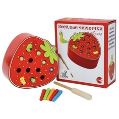 Развивающая деревянная игра магнитная рыбалка, настольная игра в рыбу "Весёлые червячки в клубнике"