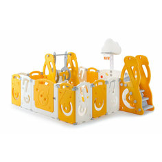 Манеж UNIX Kids "SUPREME Music" Yellow с качелями, желтый/белый, 200x200 см, с ковриком, горкой, баскетбольным кольцом для дома и улицы