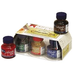 Набор туши художественной Winsor&Newton для каллиграфии, 6цв, 30мл (черный, алый, темно-синий, зеленый, сепия, золотой), стекл. флакон, в картонной к