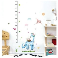 Наклейка пластик интерьерная цветная ростомер "Динозаврик и корзина с цветами" 50х70 см нет бренда