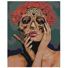 Картина по номерам, "Живопись по номерам", 60 x 75, EL001, женщина, маска, череп, цветы, сигара, розы, портрет, Брайан Виверос