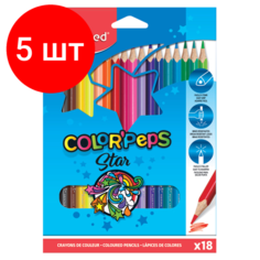 Комплект 5 шт, Карандаши цветные MAPED"ColorPeps Star", 18 цветов, трехгранные, заточенные, европодвес, 183218