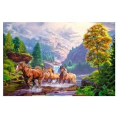 Алмазная мозаика "Лошади на горной реке". Алмазная вышивка, картина стразами на холсте 30х40 Нет бренда