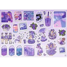 Наклейки "Фиолетовый сет" самоклеящиеся стикеры для декора на тетрадь, блокнот, ежедневник, телефон, ноутбук Dak Print