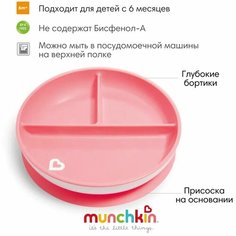 Тарелка детская на присоске секционная Munchkin, Stay Put™ нежно-розовый 6+ мес.