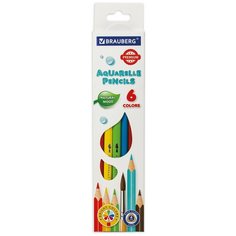 Карандаши цветные акварельные BRAUBERG PREMIUM AQUARELLE 6 цветов грифель мягкий 4 мм, 8 шт