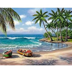 Алмазная мозаика на подрамнике 40x50 Пляж Пальмы и лодки Kolibriki