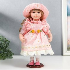 Кукла коллекционная керамика "Маша в розовом платье в клетку с ромашками, в шляпке" 30 см Россия