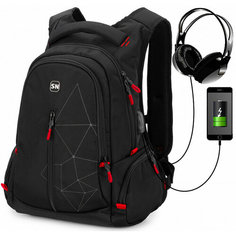 Рюкзак школьный с анатомической спинкой SkyName 90-140 черно-красный для подростка и USB-слотом Vt.Studio