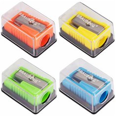 Точилка BRAUBERG "Assistant Mini" с контейнером пластиковая корпус ассорти, 24 шт