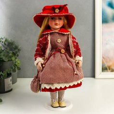 Кукла коллекционная керамика "Машенька в коралловом платье и бордовом жакете" 40 см Россия