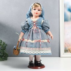 Кукла коллекционная керамика "Катя в голубом платье с завязками, в косынке" 40 см Россия