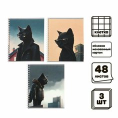 Calligrata Комплект тетрадей из 3 штук 48 листов в клетку Calligrata на гребне "Чёрный Кот", обложка мелованный картон, ВД-лак, блок офсет
