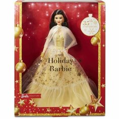 2023 Holiday Barbie Doll, Seasonal Collector Gift, Golden Gown And Black Hair - Праздничная кукла Барби 2023 Золотое платье и Черные волосы HJX11 Mattel