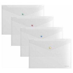 12шт, Папка-конверт на кнопке А4, 160 мкм, ErichKrause Glossy Clear, глянцевая, с цветной кнопкой, прозрачная, микс