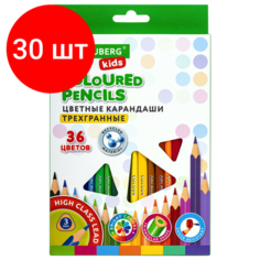 Комплект 30 шт, Карандаши цветные BRAUBERG KIDS, 36 цветов, трехгранный корпус, грифель мягкий 3 мм, 181945