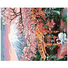 Картина по номерам, "Живопись по номерам", 48 x 60, ARTH-AH332, горы, весна, Япония, мост, дерево, Сакура, лебеди, река