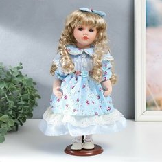 Кукла коллекционная керамика Тося в голубом платье с цветочками, с бантом в волосах 30 см Denco Store