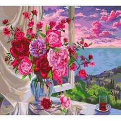 Алмазная мозаика "Пионы на окне" на подрамнике круглые стразы, ZX9908 Paintboy