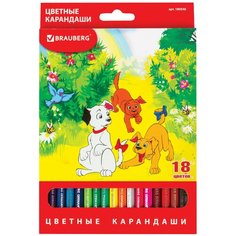 Карандаши цветные BRAUBERG "My lovely dogs", 18 цветов, заточенные, картонная упаковка, 180546