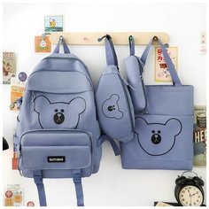 Рюкзак школьный для девочек набор 4 предмета сумка шоппер для сменки, пенал, сумка, детский портфель городской подростковый мишка, голубой Bs Bags