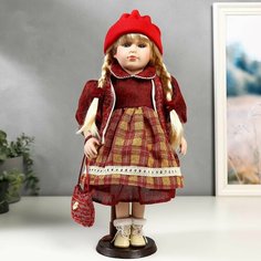 Кукла коллекционная керамика Марина в бордовом платье в клетку 40 см Denco Store