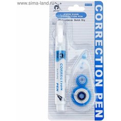 Корректор-лента, 6 м х 5 мм, с корректирующим карандашом 7 мл, ZHEN XUAN, металлический наконечник, на основе растворителя, блистер, европодвес, 2 шт. Россия