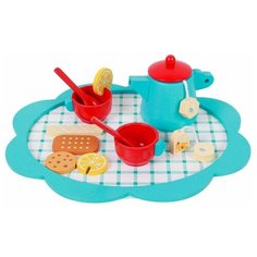 Набор деревянной детской игрушечной посуды для чаепития с подносом, приборами и сладостями Нет бренда