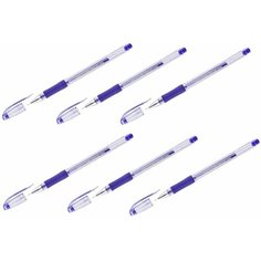 Набор 6 штук - Ручка гелевая с грипом CROWN "Hi-Jell Needle Grip", синяя, узел 0,7 мм, линия письма 0,5 мм