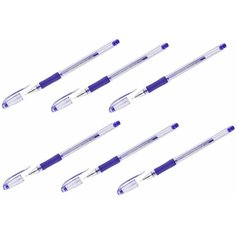 Набор 6 штук - Ручка гелевая с грипом CROWN "Hi-Jell Needle Grip", синяя, узел 0,7 мм, линия письма 0,5 мм