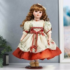 Кукла коллекционная керамика "Оля в платье с цветами и бордовой нижней юбкой" 40 см Россия