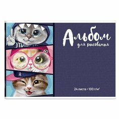 Альбом для рисования A4, 24 листов на скрепке «Коты», обложка мелованный картон, УФ-лак, блок 100 г/м2 Феникс