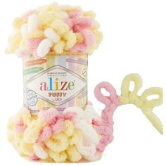 Пряжа Alize Puffy color белый-светло-желтый-розовый (6369), 100%микрополиэстер, 9м, 100г, 3шт