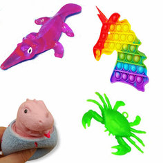 Набор 4 Игрушки антистресс прилипала липучка краб/ Поп ит единорог /фуфлик динозавр лизун липучка утконос