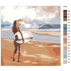 Картина по номерам V-941 "Серфинг. Девушка с сёрфом на пляже", 80x80 см Brushes Paints