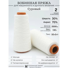 Бобинная пряжа "Слонимская пряжа" нитки для ручного вязания спицами, крючком, на вязальной машине. 2 конуса по 130гр. 30% меринос - 70% акрил.